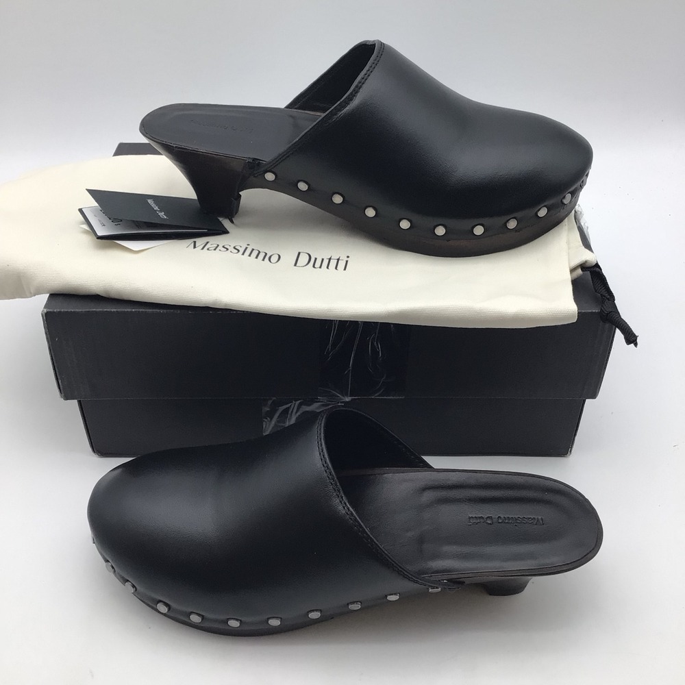 Massimo Dutti Black Leather Studded Wooden Heel Clogs Mules 38 US Size 7.5 NEW